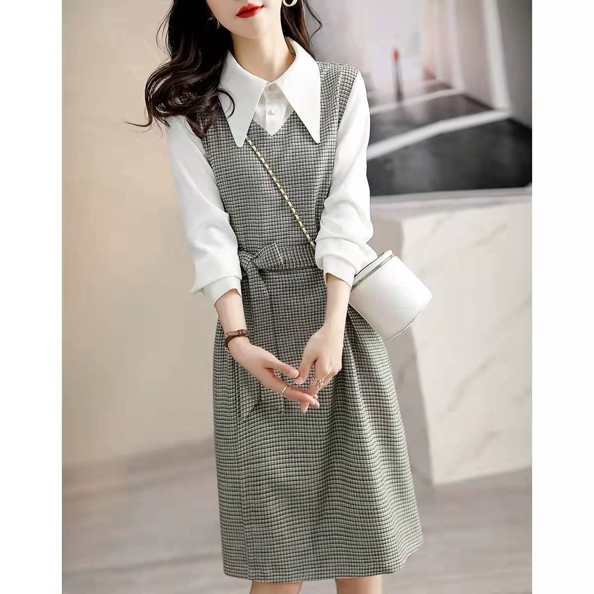 jinran business casual outfits for women Autumn New Commuter Elegant Socialite Age-Reducing Stitching Fake Two Pieces Dress Women