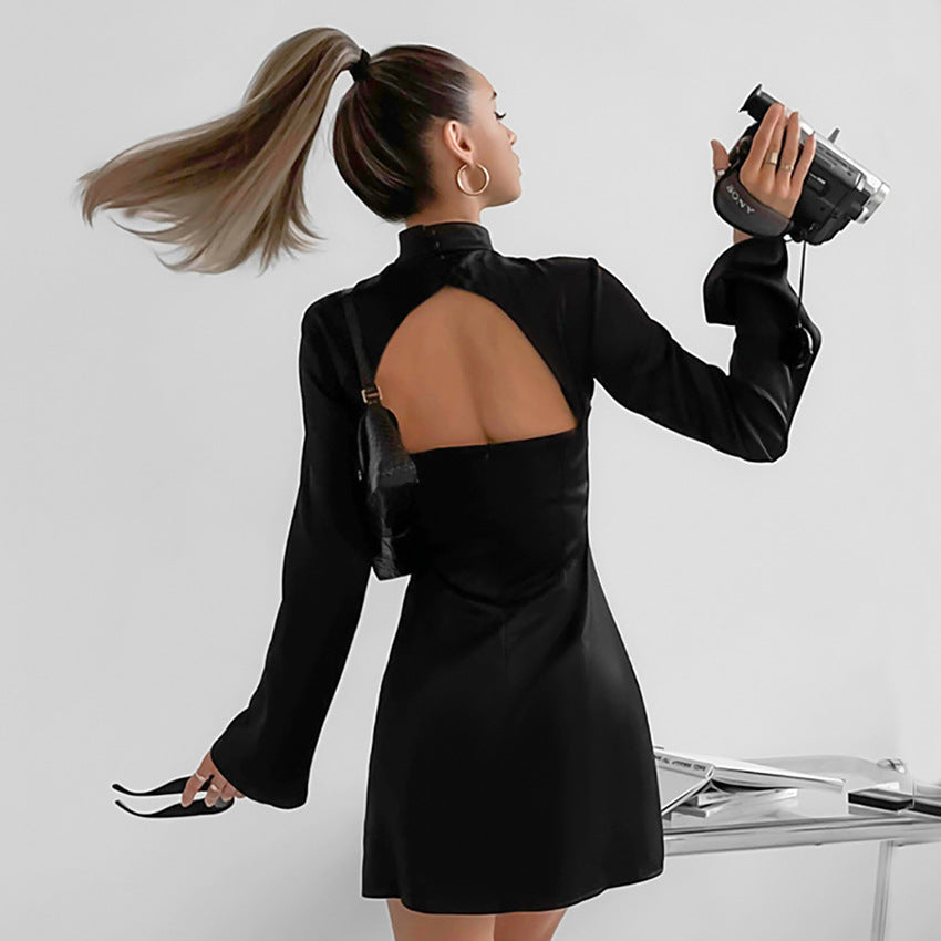 jinran grunge outfits Sexy Backless Bell Sleeve Small Stand Collar New Chinese Style Dress 2024 New Fashion Sheath Skirt