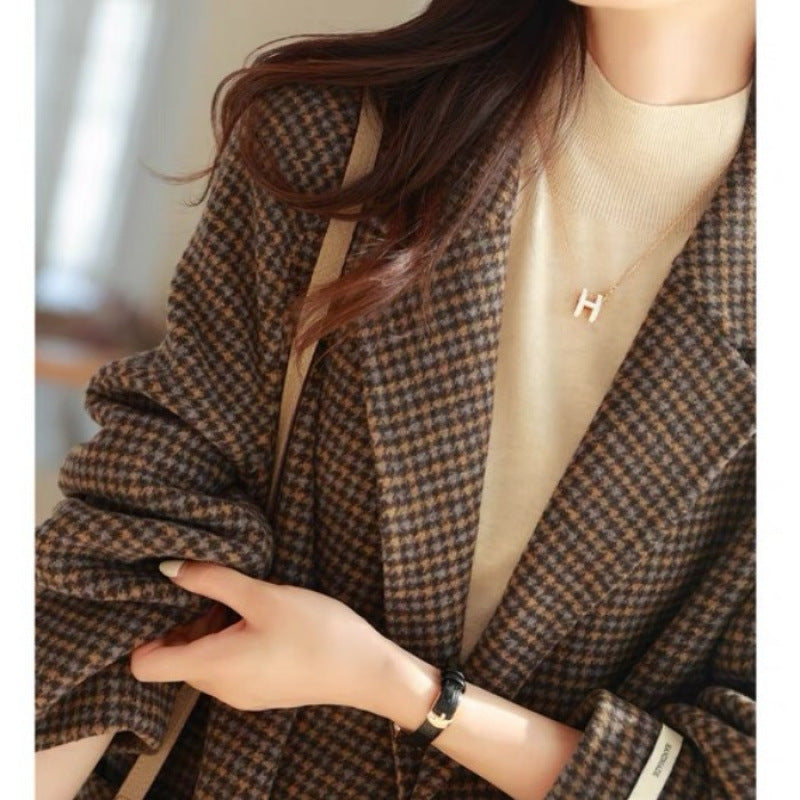 2025 new handmade medium and long temperament coat for women, small suit collar, loose plaid coat for women