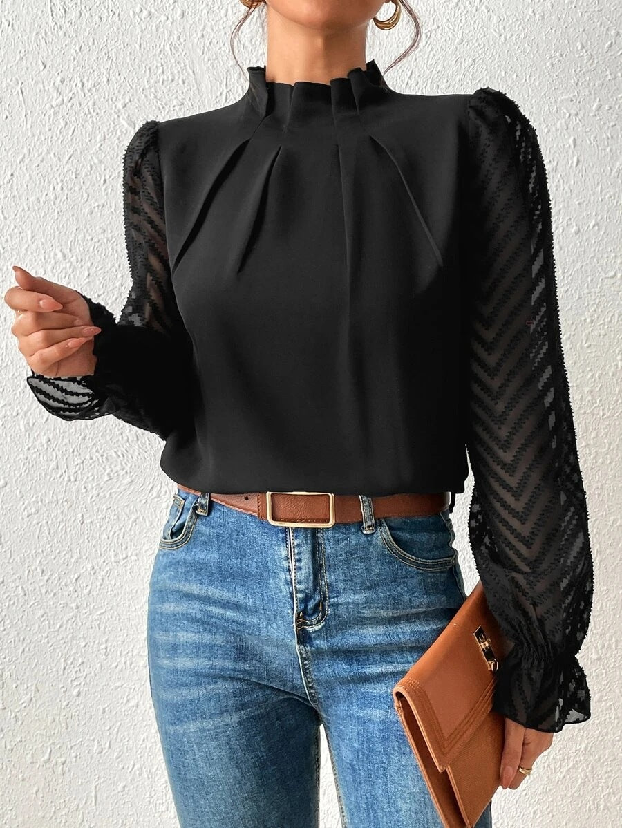 2025 popular Popular, , New women's clothing autumn and winter new semi-turtleneck splicing wavy chiffon long-sleeved top
