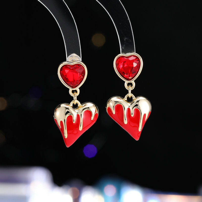 2025 S925 silver needle retro niche design earrings sweet girl heart drop glaze three-dimensional love earrings