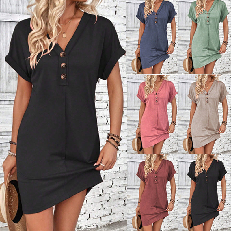 2025 Popular, , New summer women's clothing fashion versatile buckle V-neck shoulder roll sleeve solid color dress