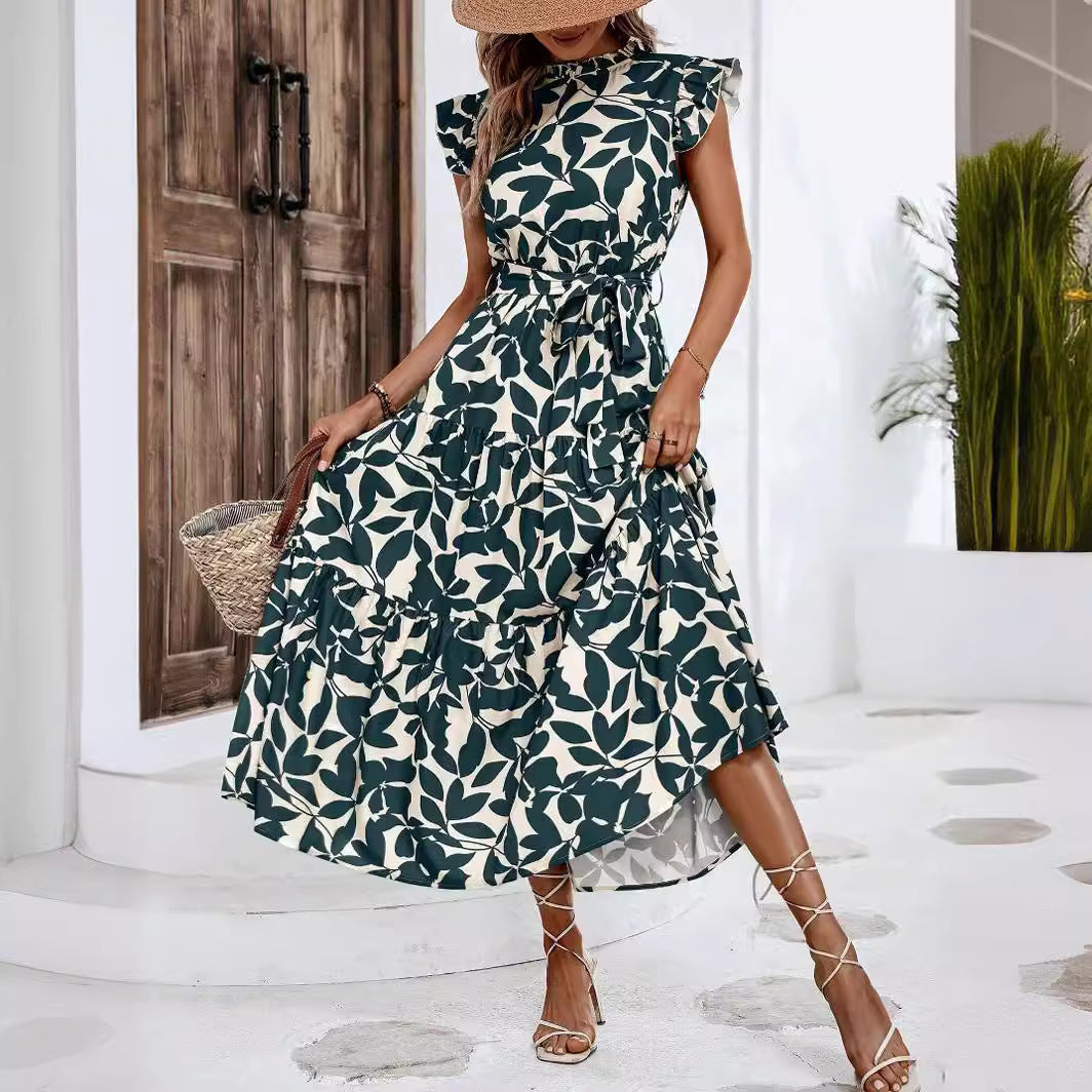2025 Popular, , New women's clothing summer new fashion fungus edge flying sleeves lace-up printed fairy skirt