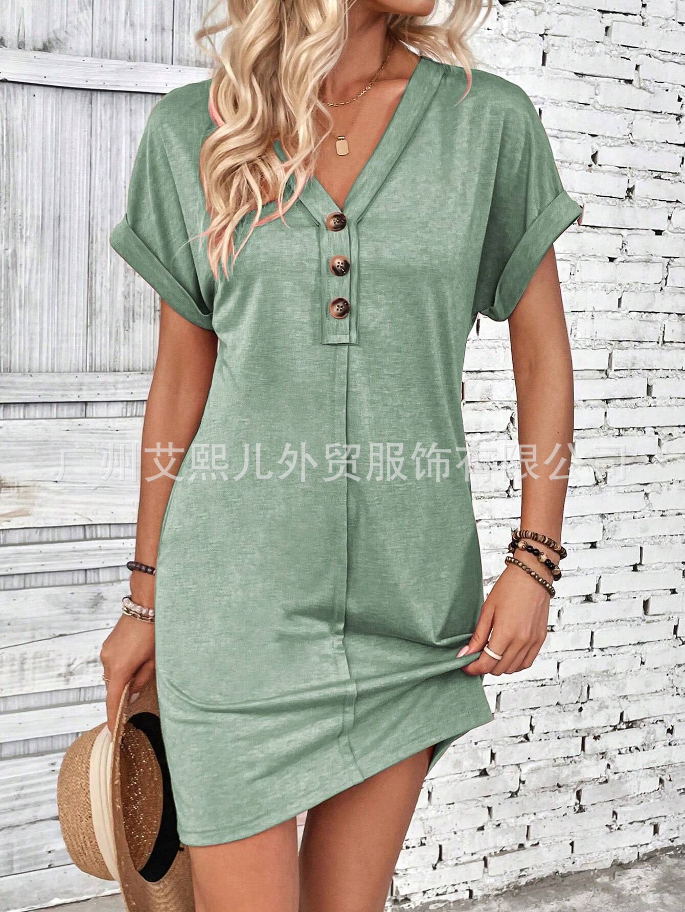 2025 Popular, , New summer women's clothing fashion versatile buckle V-neck shoulder roll sleeve solid color dress