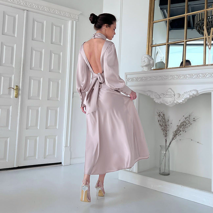 2025 fashion design sense small stand-up collar dress autumn commuting bubble sleeve A-shaped skirt women's halter dress