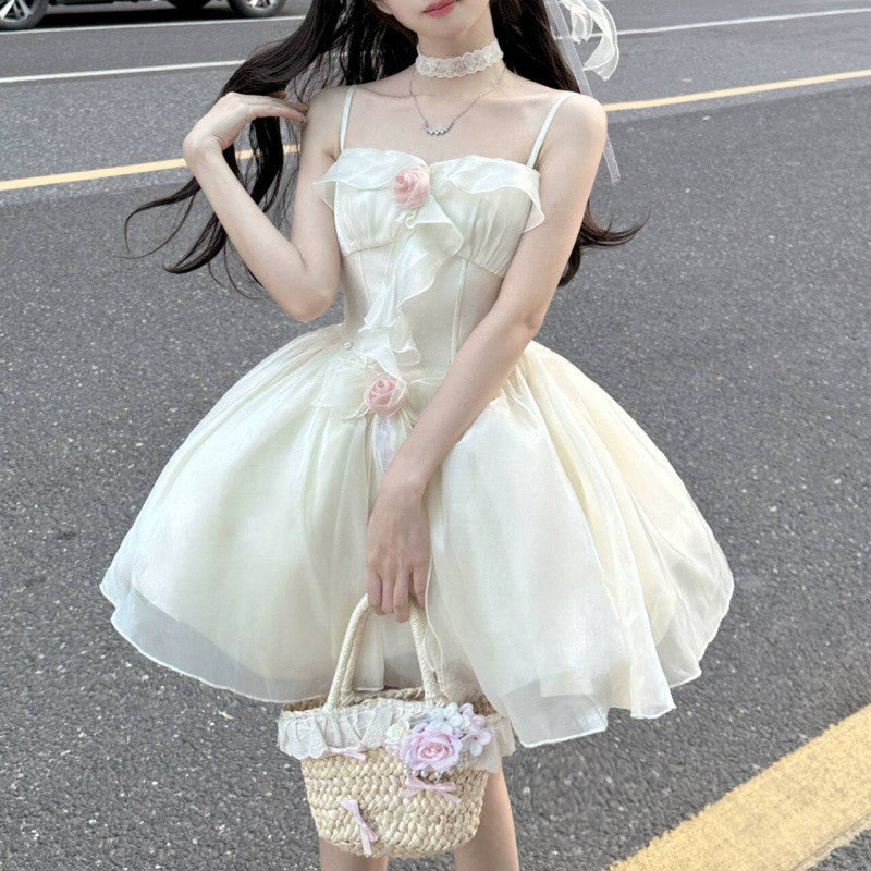 jinran dress Summer New Korean Style White Moonlight First Love Sense Niche Exquisite Waist Slimming Sling Tail Dress Short Skirt for Women