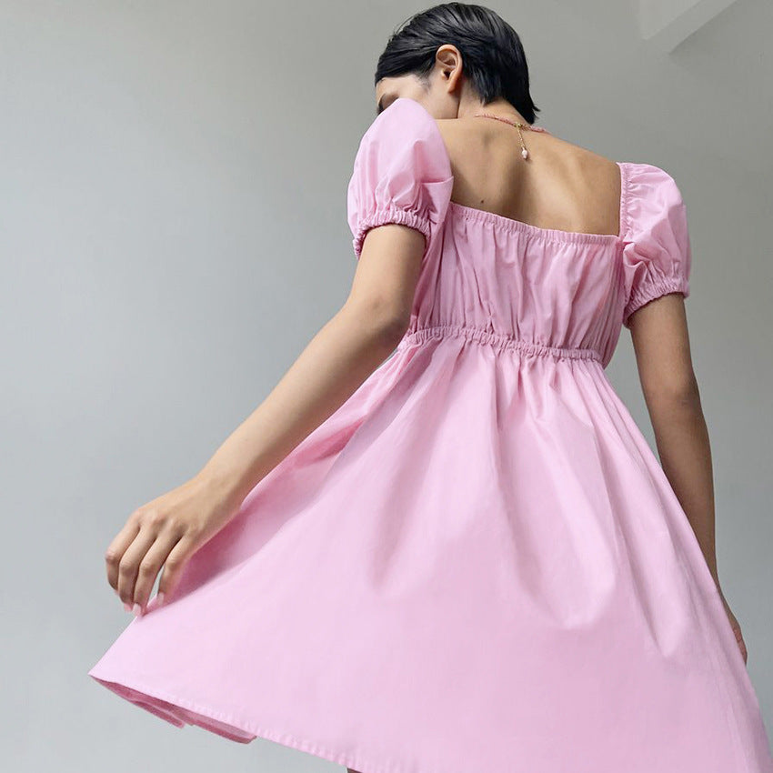 2025 summer short-sleeved short skirt women's collar hollow bow temperament pure cotton bubble sleeve dress women's clothing