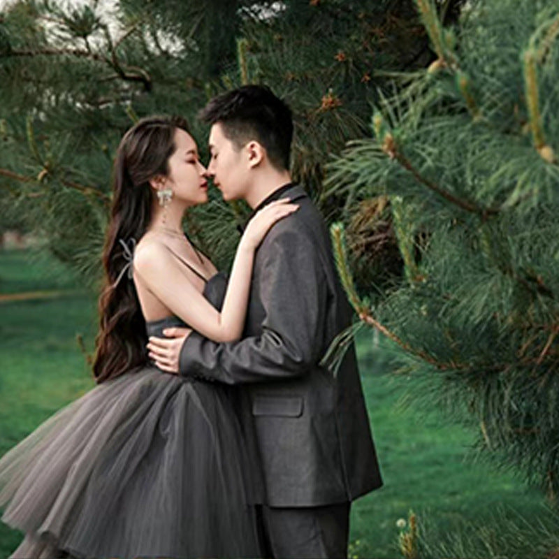 Main Wedding Studio Couple Theme Photography Clothing Color Dress Mori Grey Elegant Wedding Dress Long Trailing Suspender Dress