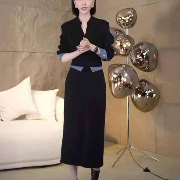 High-end fashion sports sweater set women's autumn Popularan casual long-sleeved splicing top skirt two-piece set
