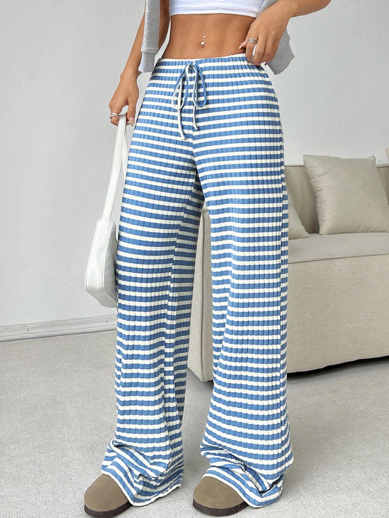 2025 Spring and Autumn New women's clothing new casual striped solid color rubber band pull rope cotton straight pants