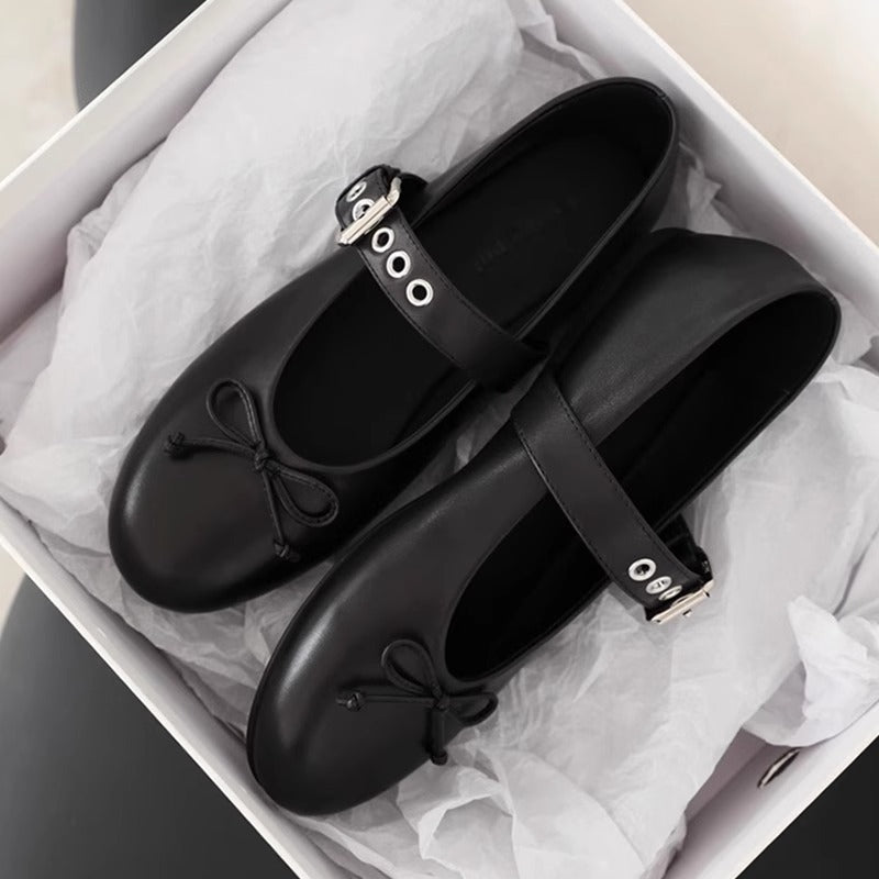 2025 Sheepskin version~ miu new bow ballet flats leather word belt Mary Jane single shoes women's shoes