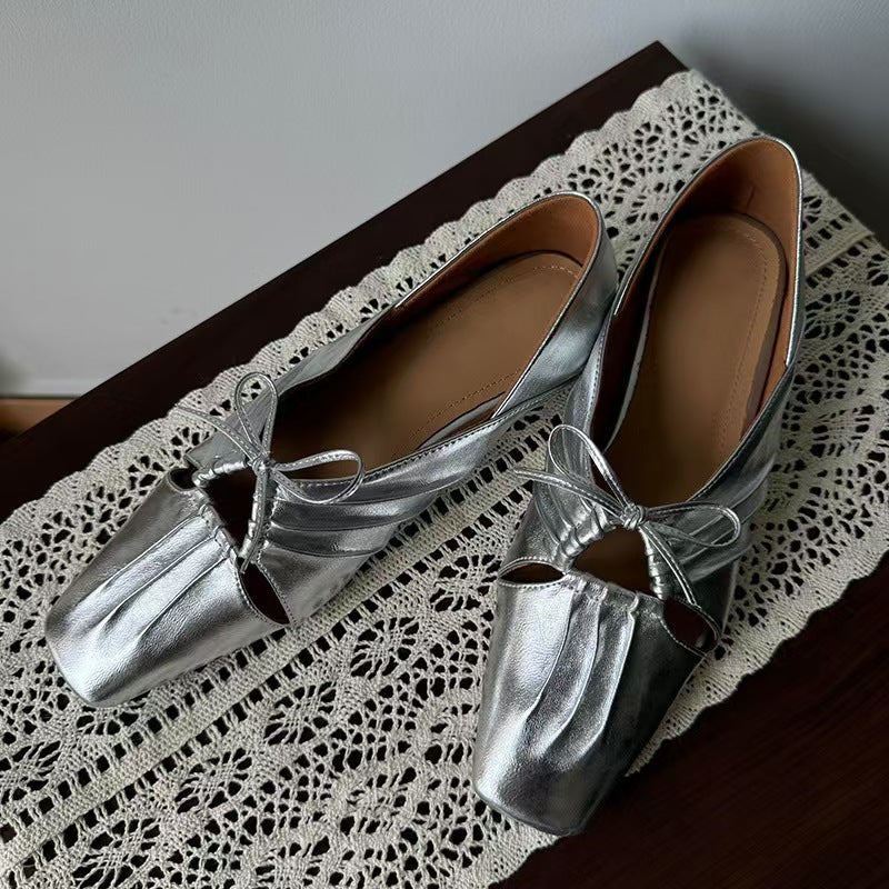 2025 Sheepskin version~ niche design pleated hollow square head Mary Jane shoes leather bow flat shoes