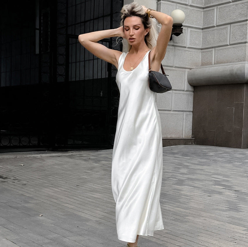 2025 White U-neck thin soft matte satin slim fishtail dress new autumn fashion Popular trade women