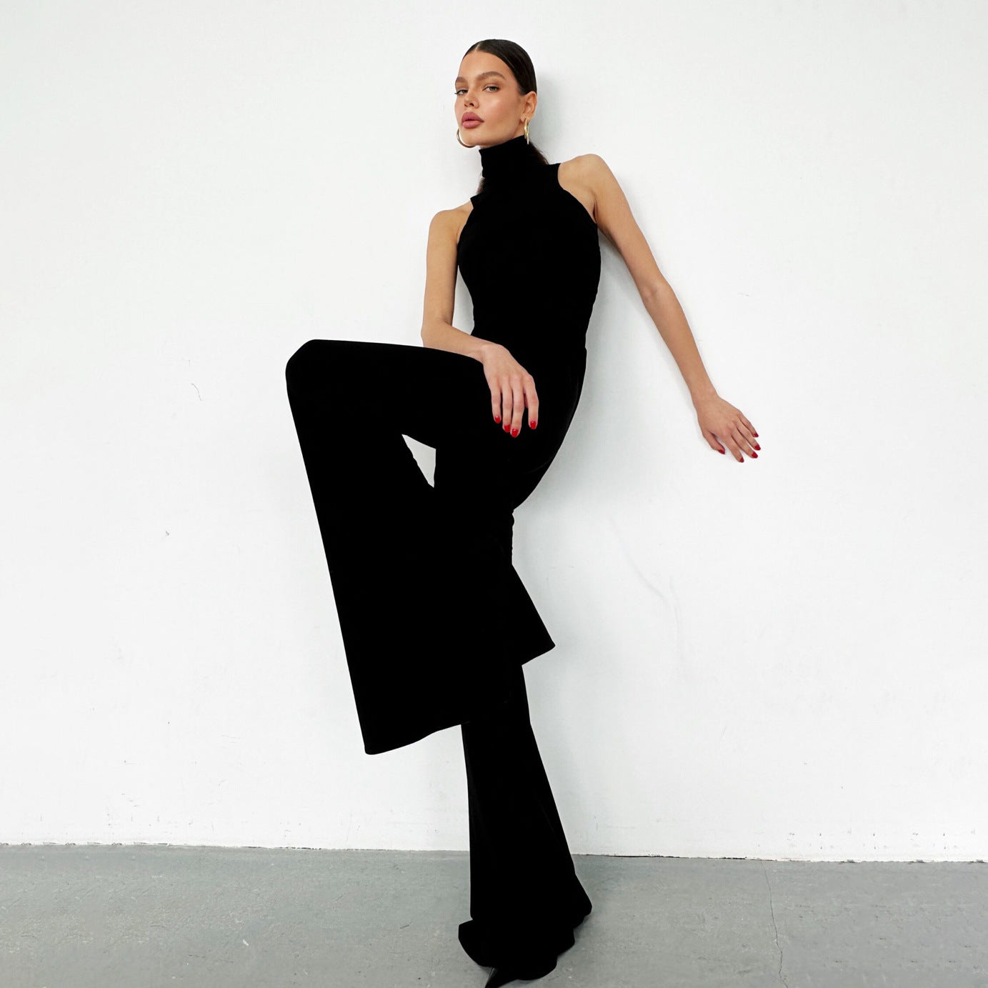 2025 Hot trade Sexy Spice Girls Premium sense pleated streamer design turtleneck jumpsuit high waist slim-fitting micro-pull pants women