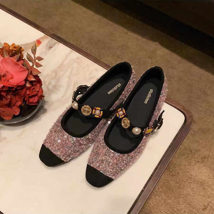2025 Sheepskin version~ Grape mother with the same small fragrant style splicing square head tweed badge Mary Jane single shoes women's banquet wedding shoes