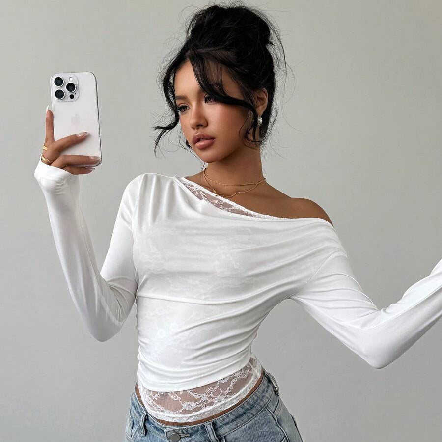 2025 Trendy brand New fashion slanted shoulder lace splicing fake two-piece knitted sweater for women new waist knitted top for women