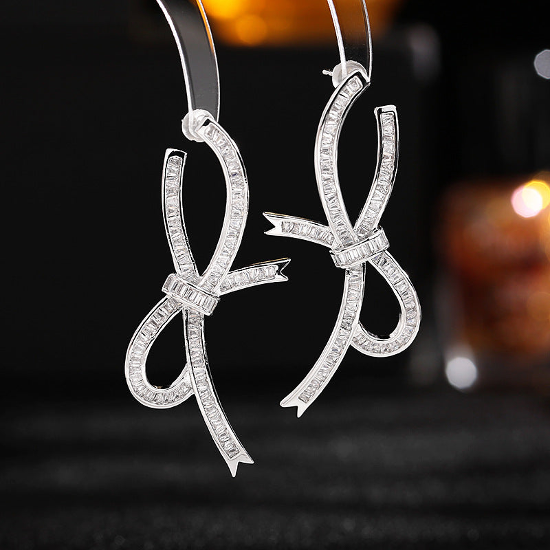 2025 elegance temperament light luxury high-end earrings niche design super fairy temperament zircon bow streamer earrings