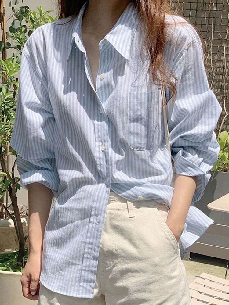 jinran Fall Outfits Blue Striped Boyfriend Style Shirt for Women 2024 New Spring Korean Style Long Sleeve Loose Slimming Casual Shirt