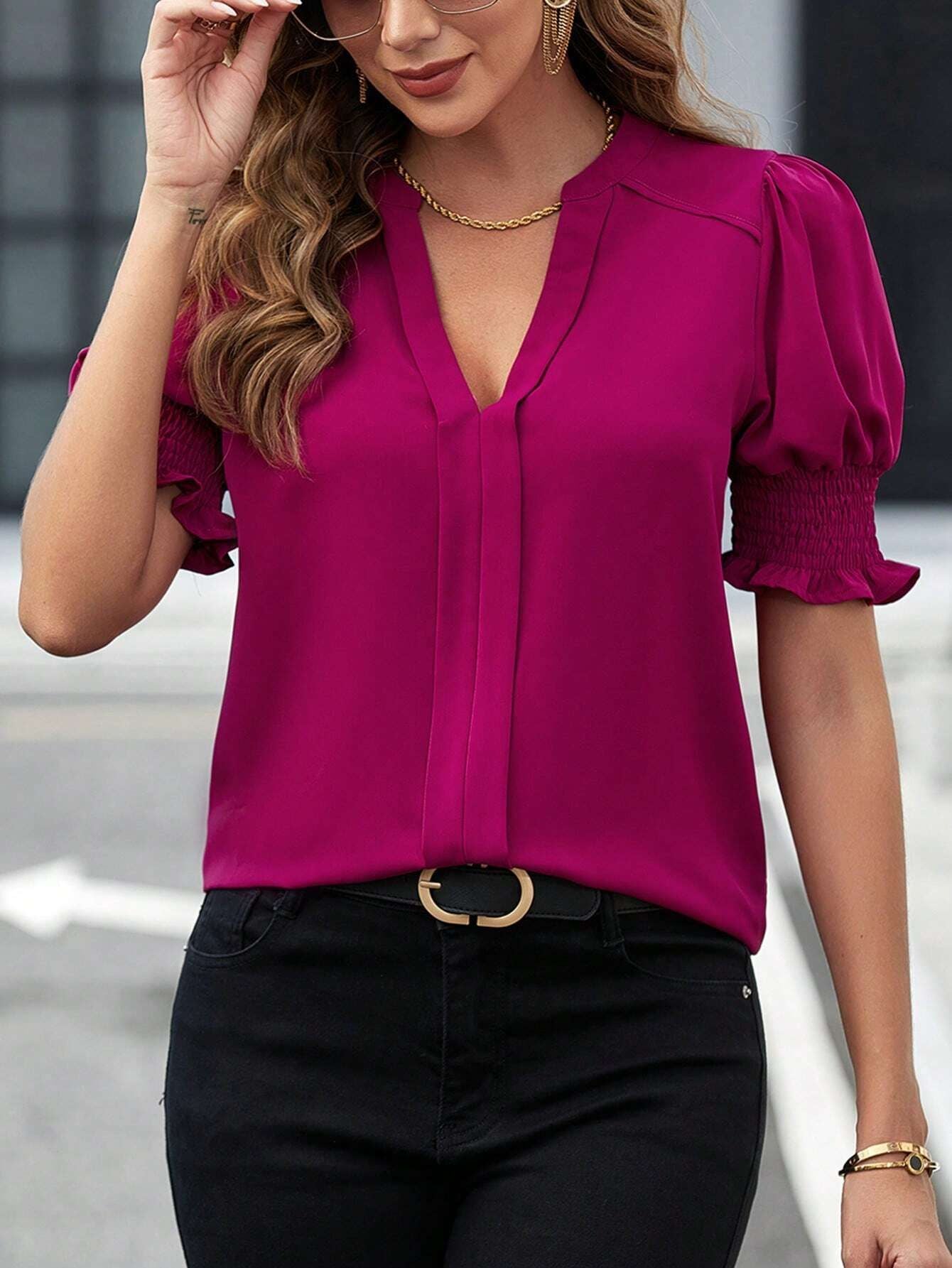 2025 Popular, , New women's clothing summer new V-neck temperament bubble sleeves solid color shirt blouse