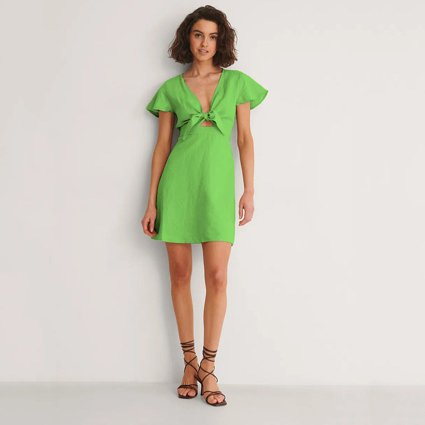 2025 summer new Feifei sleeve cotton and linen commuter dress bow V-neck hollow slim-fitting waist A-shaped skirt women