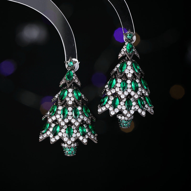 2025 Winter personalized design Christmas tree zircon earrings s925 silver needle exaggerated atmosphere court style retro earrings