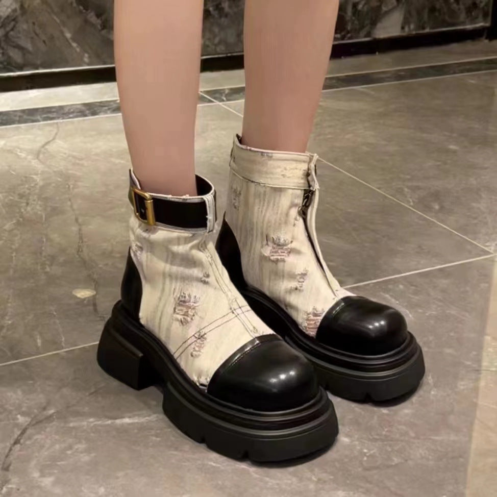 jinran shoes Martin Boots for Women 2024 Spring and Autumn New Distressed Thick Bottom Denim Motorcycle Single Boots Short Boots Tooling Short Boots