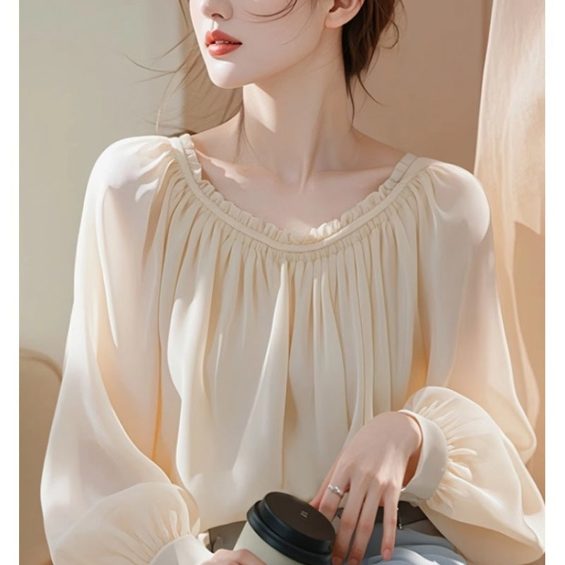 2025 spring new temperament beautiful beautiful design sense white chiffon small top long sleeve shirt women's summer