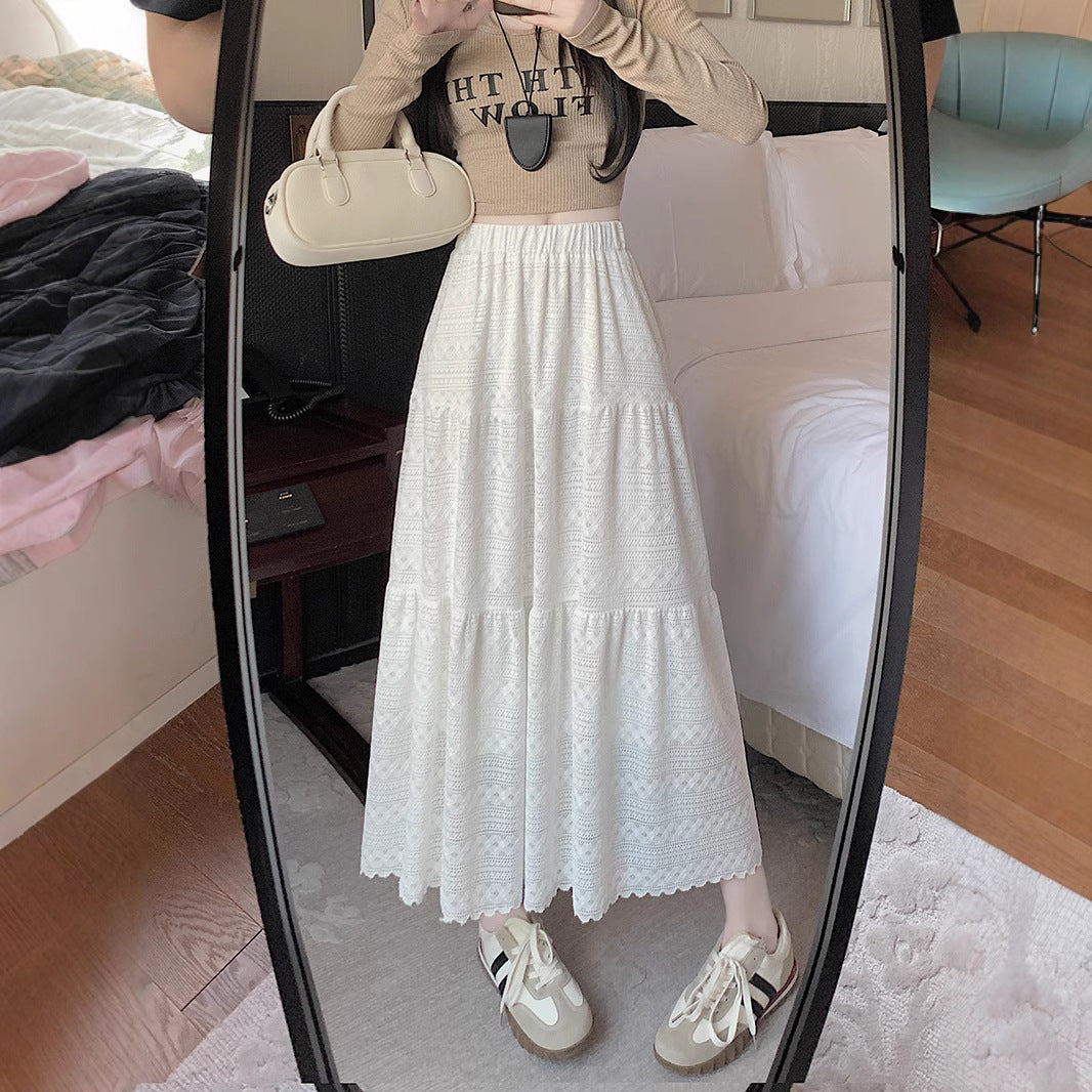 2025 Lace skirt new large size fat MM early spring lace splicing cake long skirt temperament a word big swing skirt
