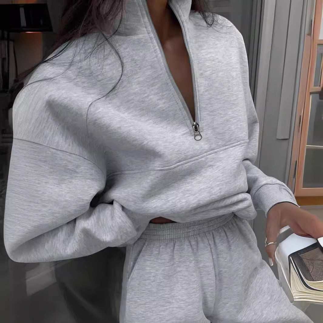 2025 Popular, , New autumn and winter new fashion zipper lapel solid color casual two-piece set
