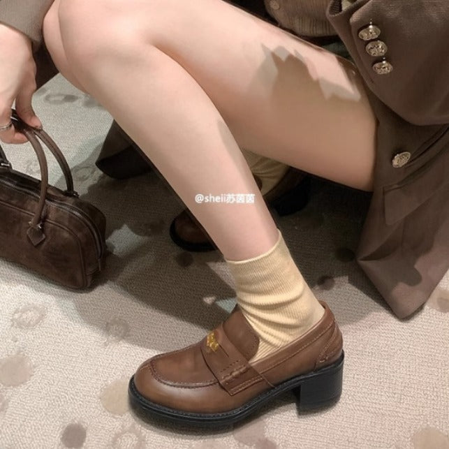 2025 Cowhide version~ Xingshengda shoes British style A miu small gold coins thick heel lazy loafers women's small leather shoes