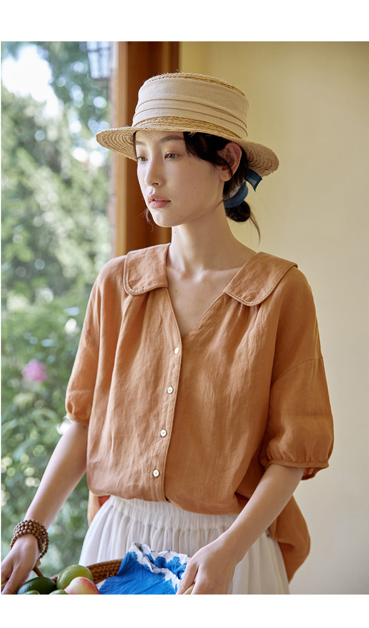 2025 Hand embroidered doll collar linen shirt top blouse popular summer 221235