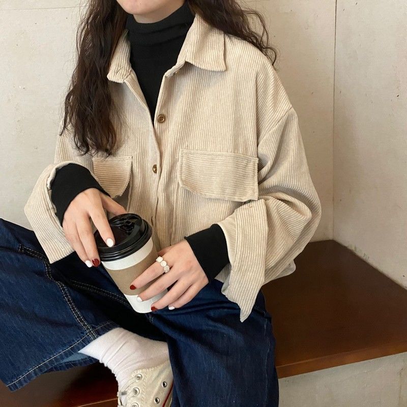 jinran fall outfits aesthetic Corduroy Coat Women's Autumn and Winter All-Matching Jacket New Retro Hong Kong Style Mid-Length Shirt Fashionable Top