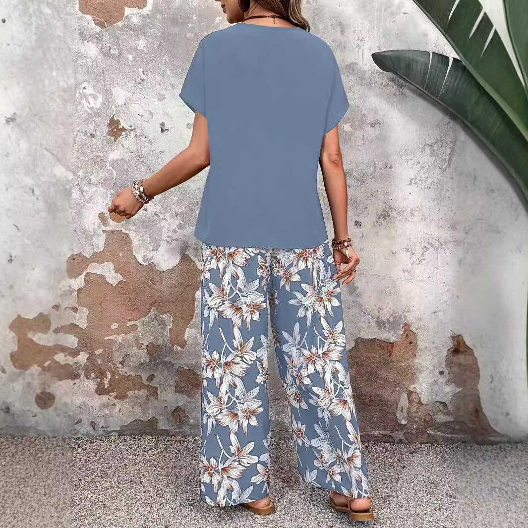 2025 In the summer of , the new two-piece set for women's trends are versatile, loose pullover printing round neck casual suit for women