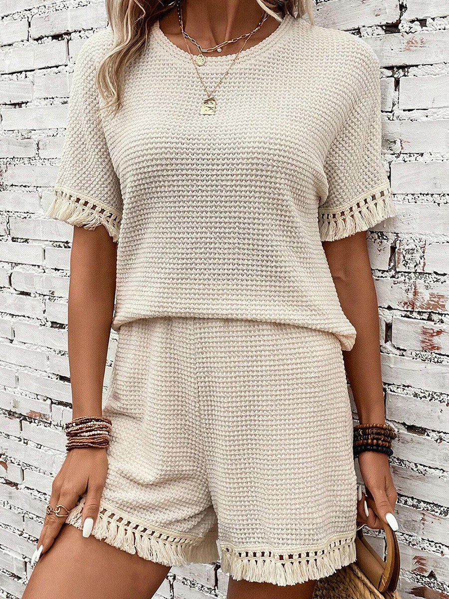 2025 Popular, , New women's clothing summer new solid color simple versatile fringe trim texture two-piece set