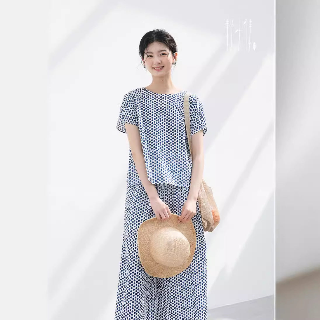 2025 popular cotton printing salt shrinkage white background blue dot summer thin top A0540 pants A0541 set casual