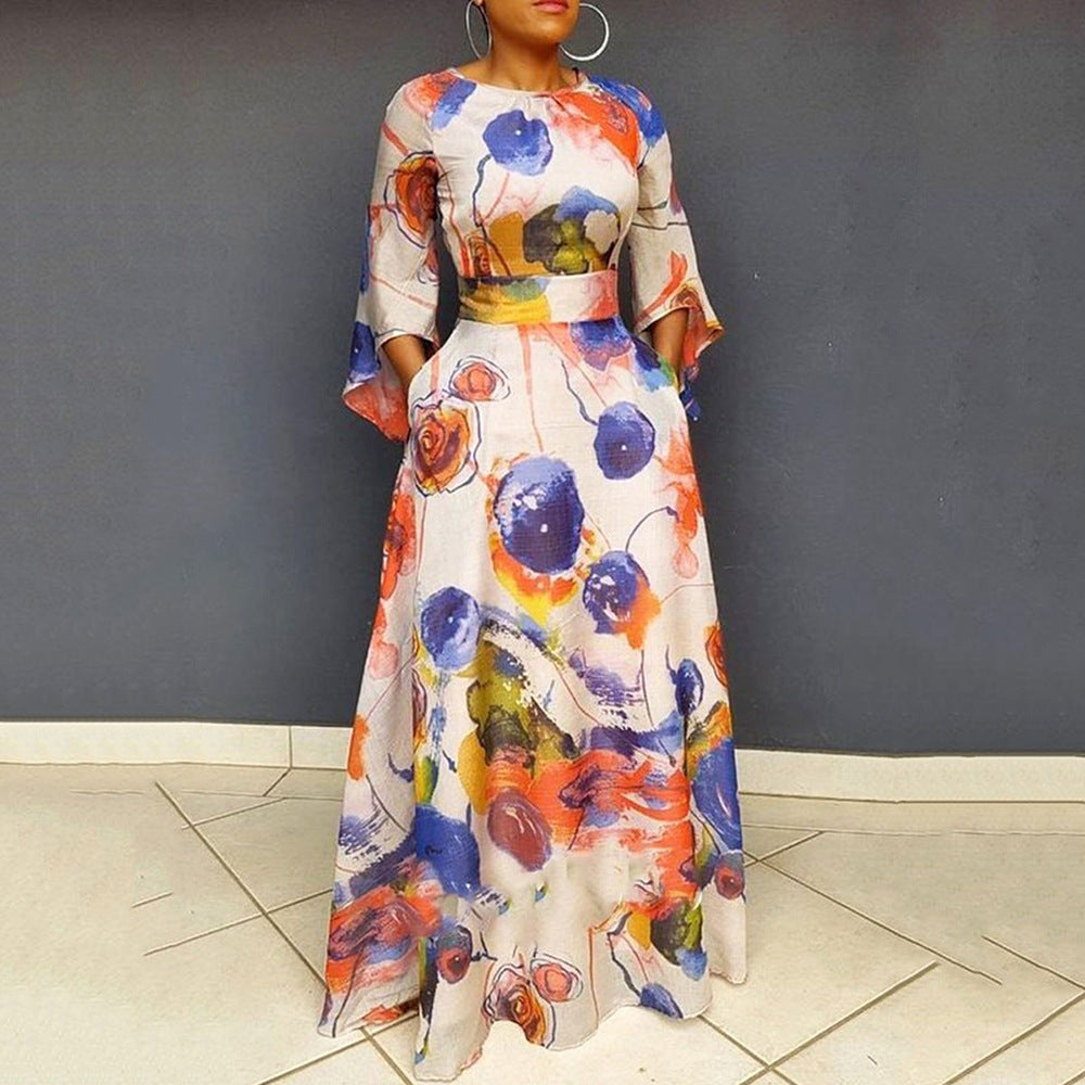 2025 New new spring Popular trade mid-waist commuting large size blue printed long dress waist pullover dress