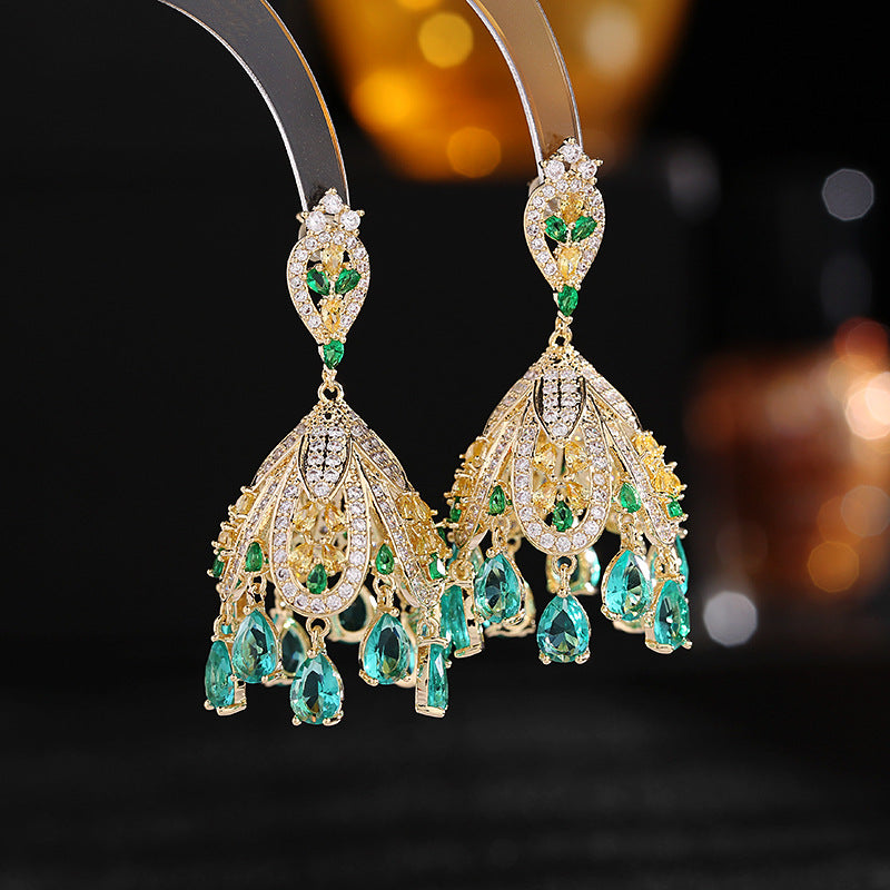 2025 court style exaggerated atmosphere heavy earrings s925 silver needle zircon inlaid high-grade chandelier wind chime earrings