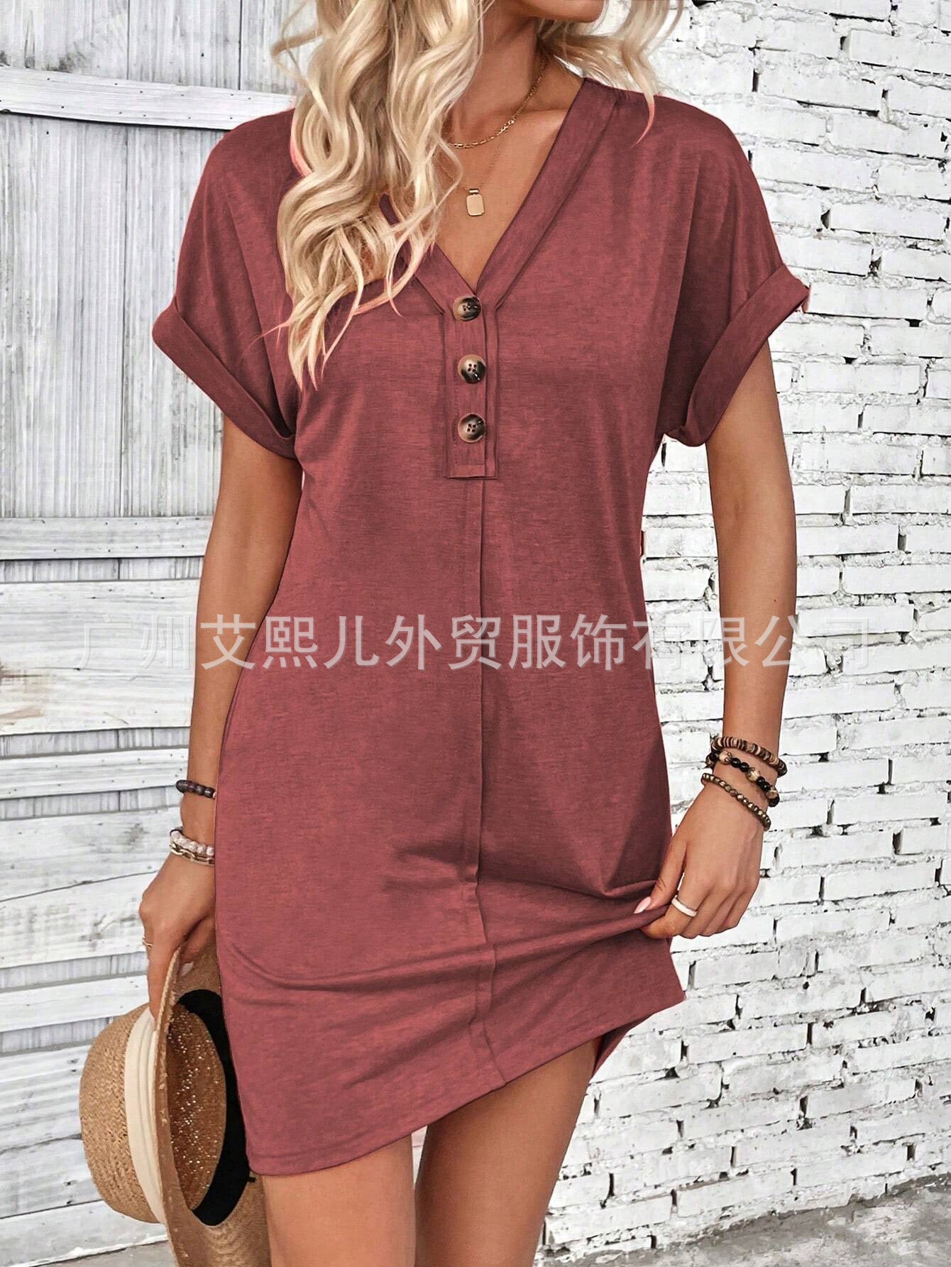 2025 Popular, , New summer women's clothing fashion versatile buckle V-neck shoulder roll sleeve solid color dress