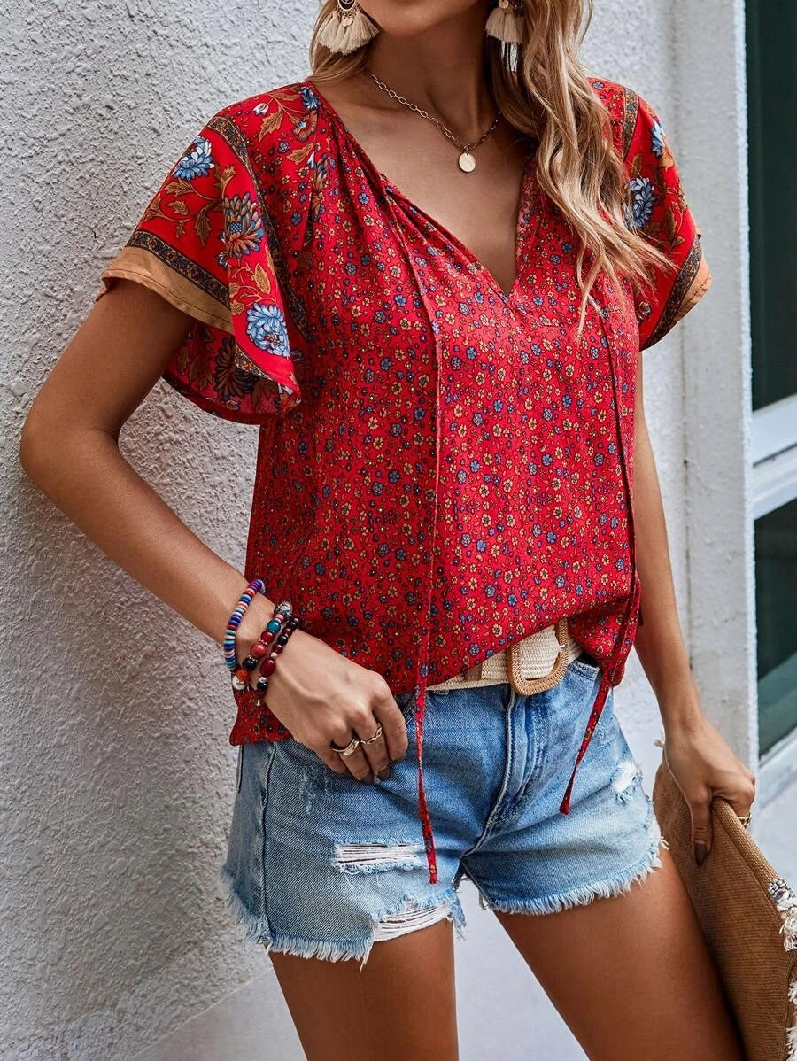 2025 Popular, , New women's clothing summer new casual celebrity style printing V-neck short-sleeved loose shirt
