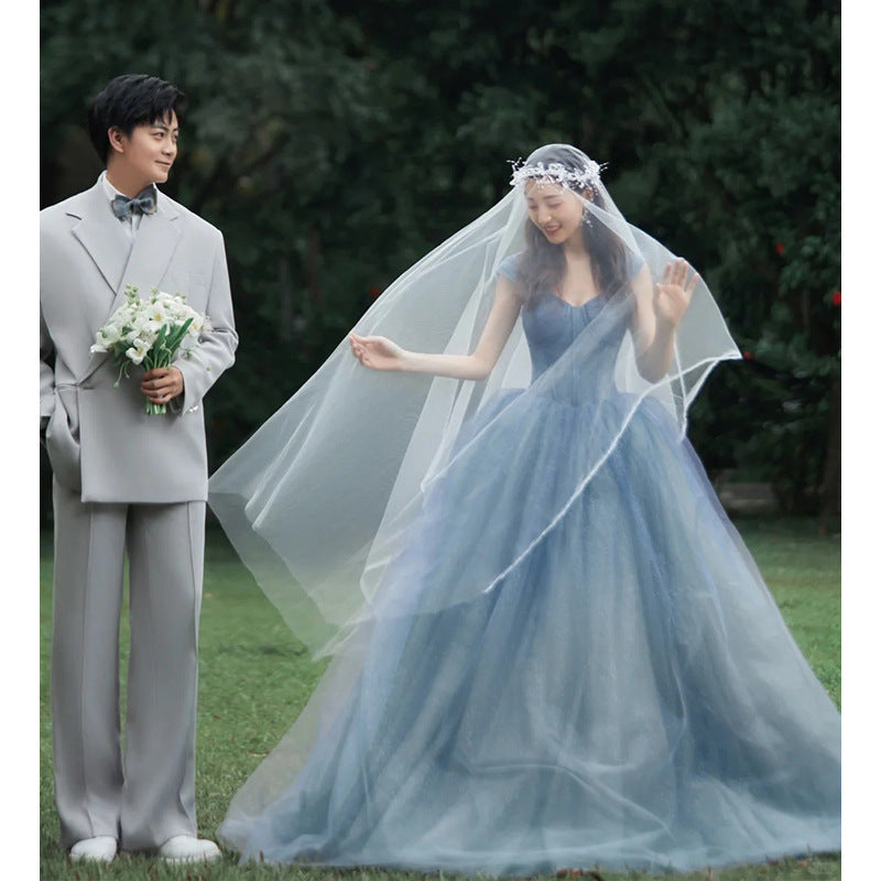 New studio photo theme clothing color yarn 2025 new Mori couple blue wedding dress flower girl lawn dress