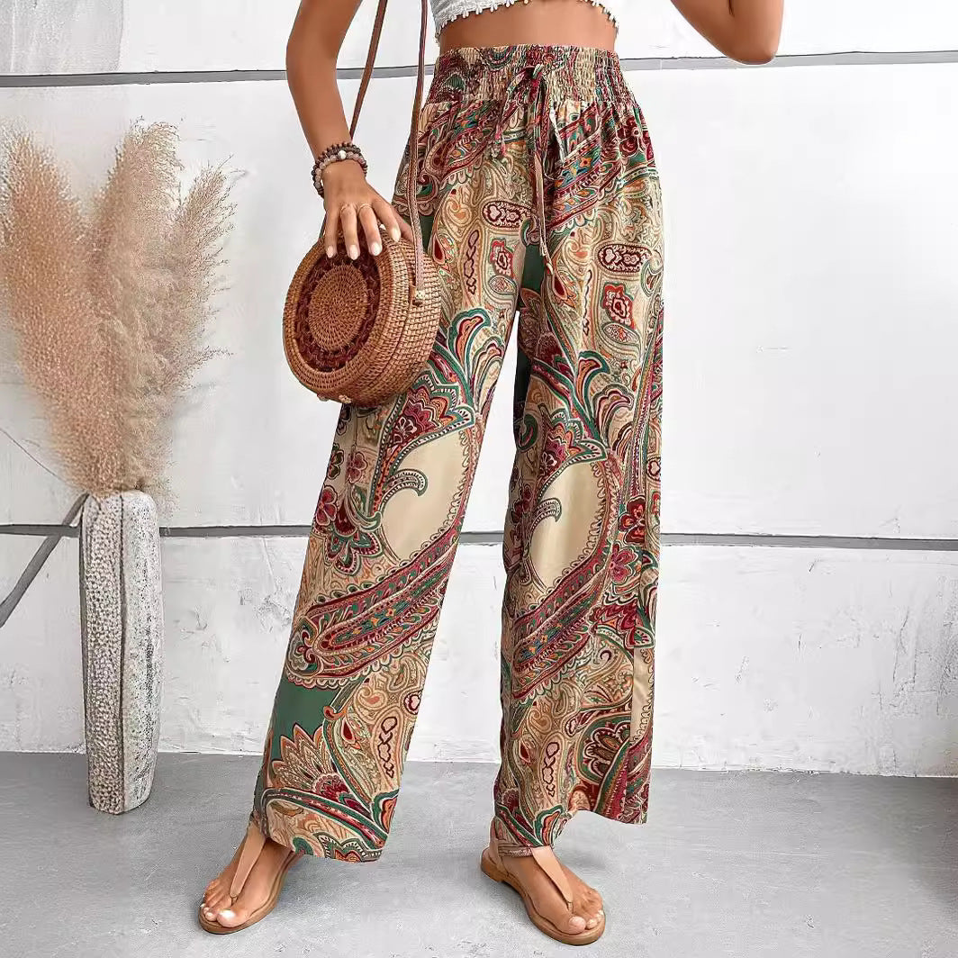 2025 Tiktoktemu women's clothing summer new fashionable versatile printed elastic waist wide-leg pants