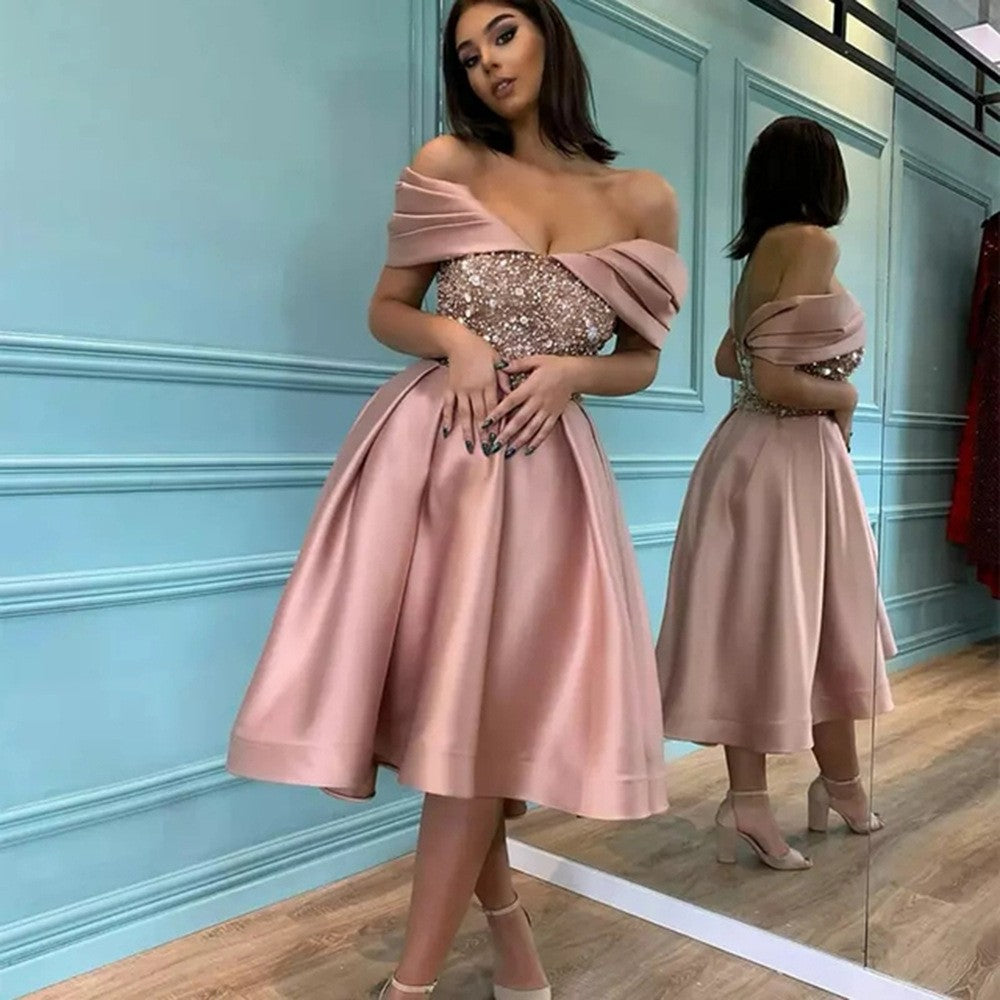 2025 New new women's clothing spring simple atmosphere long thin sequins off-the-shoulder banquet evening dress dress