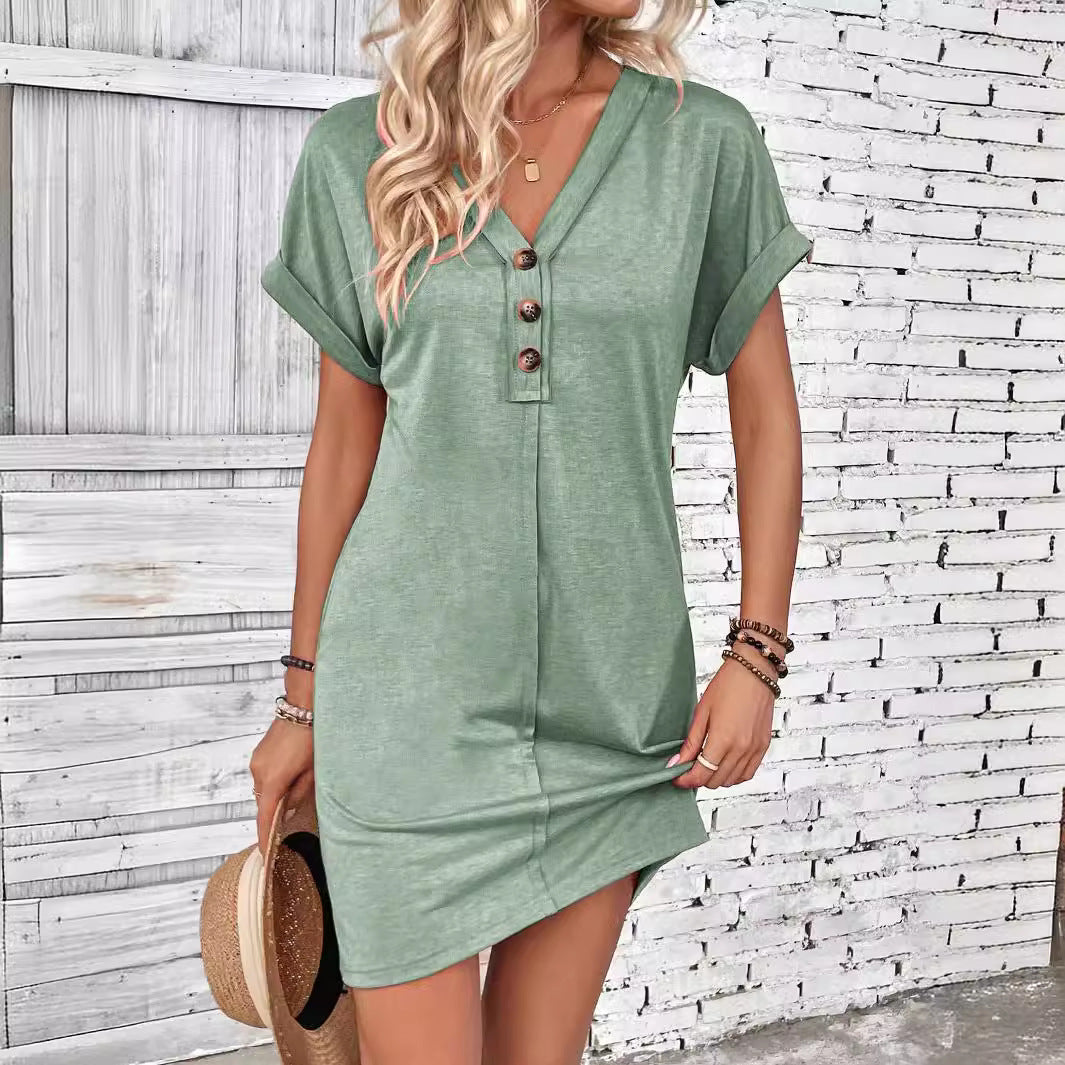 2025 Popular, , New summer women's clothing fashion versatile buckle V-neck shoulder roll sleeve solid color dress