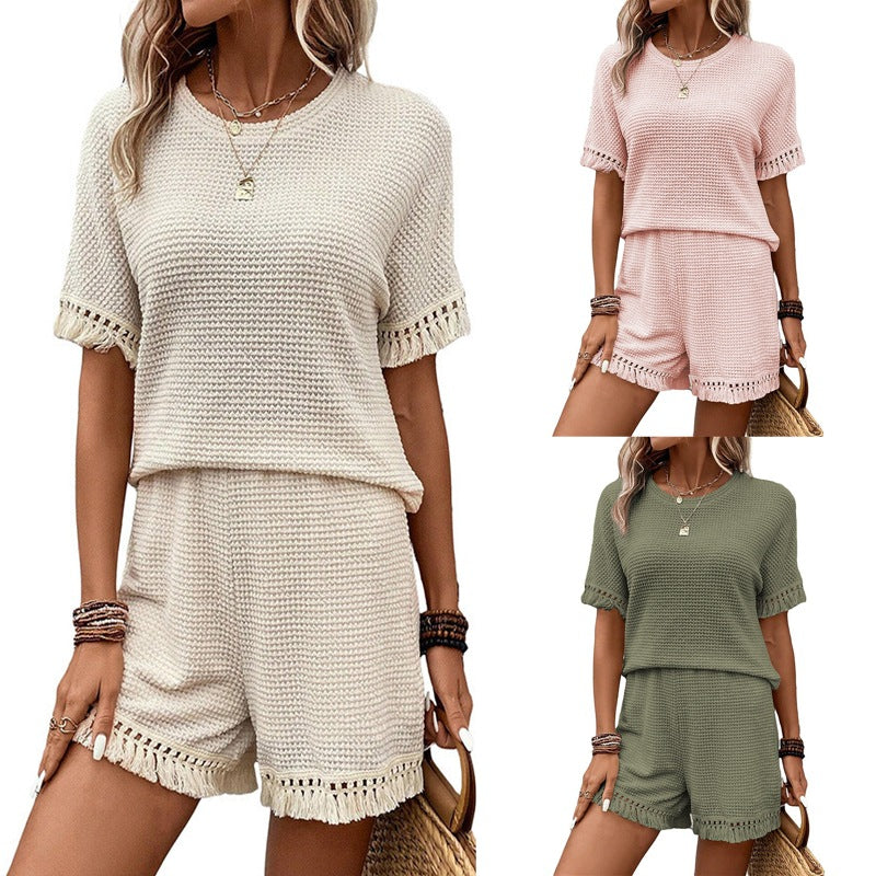 2025 Popular, , New women's clothing summer new solid color simple versatile fringe trim texture two-piece set