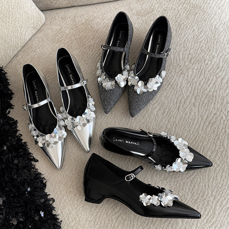 2025 Sheepskin version~ Spring new temperament pointed sequins flower word with single shoes Spring new gentle lady shoes