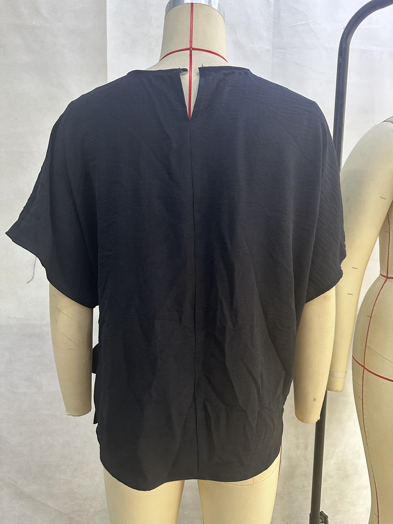 2025 Popular, , New women's clothing summer new solid color bat wing sleeves hem knotted loose t-top