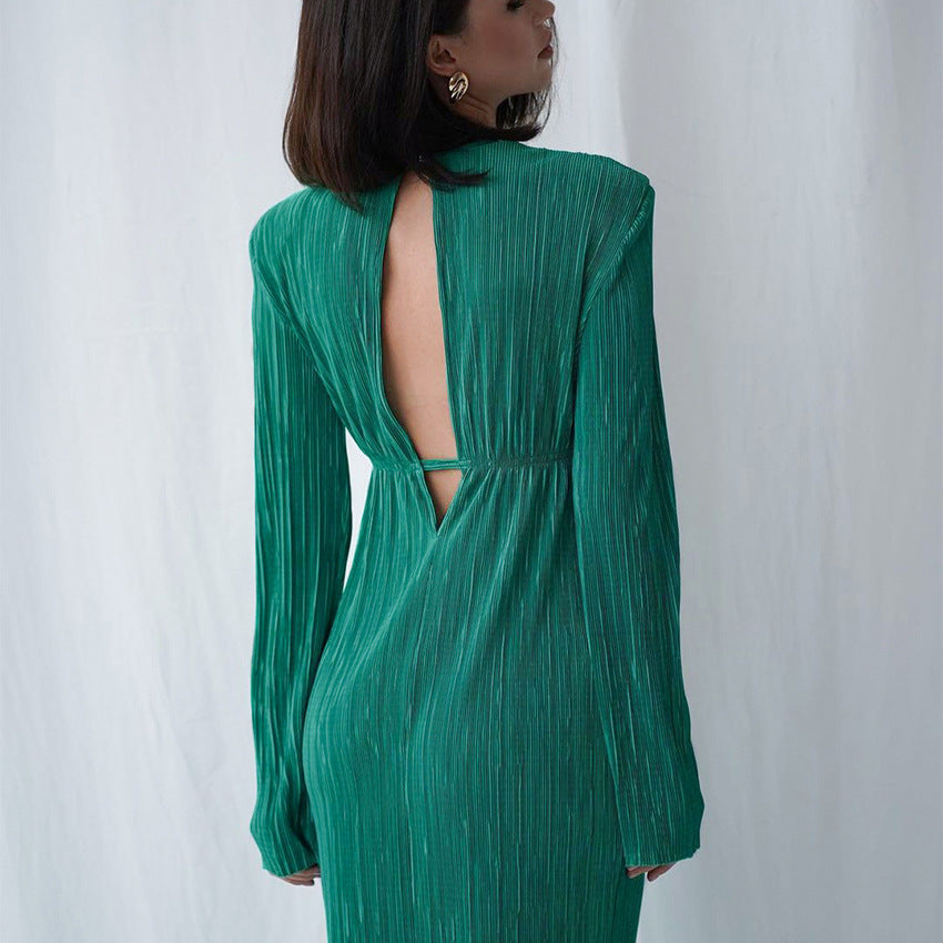 2025 spring long dress round neck hollow sexy temperament dress backless slim long sleeve pleated dress women