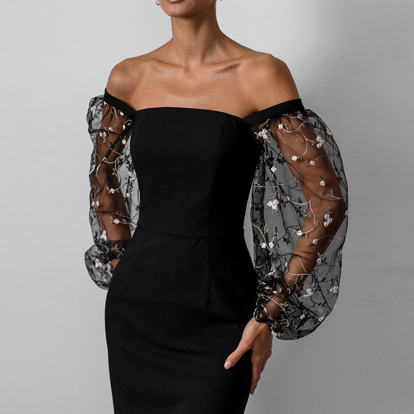 2025 spring casual sexy temperament mesh embroidery perspective square neck bubble sleeve dress New women's clothing