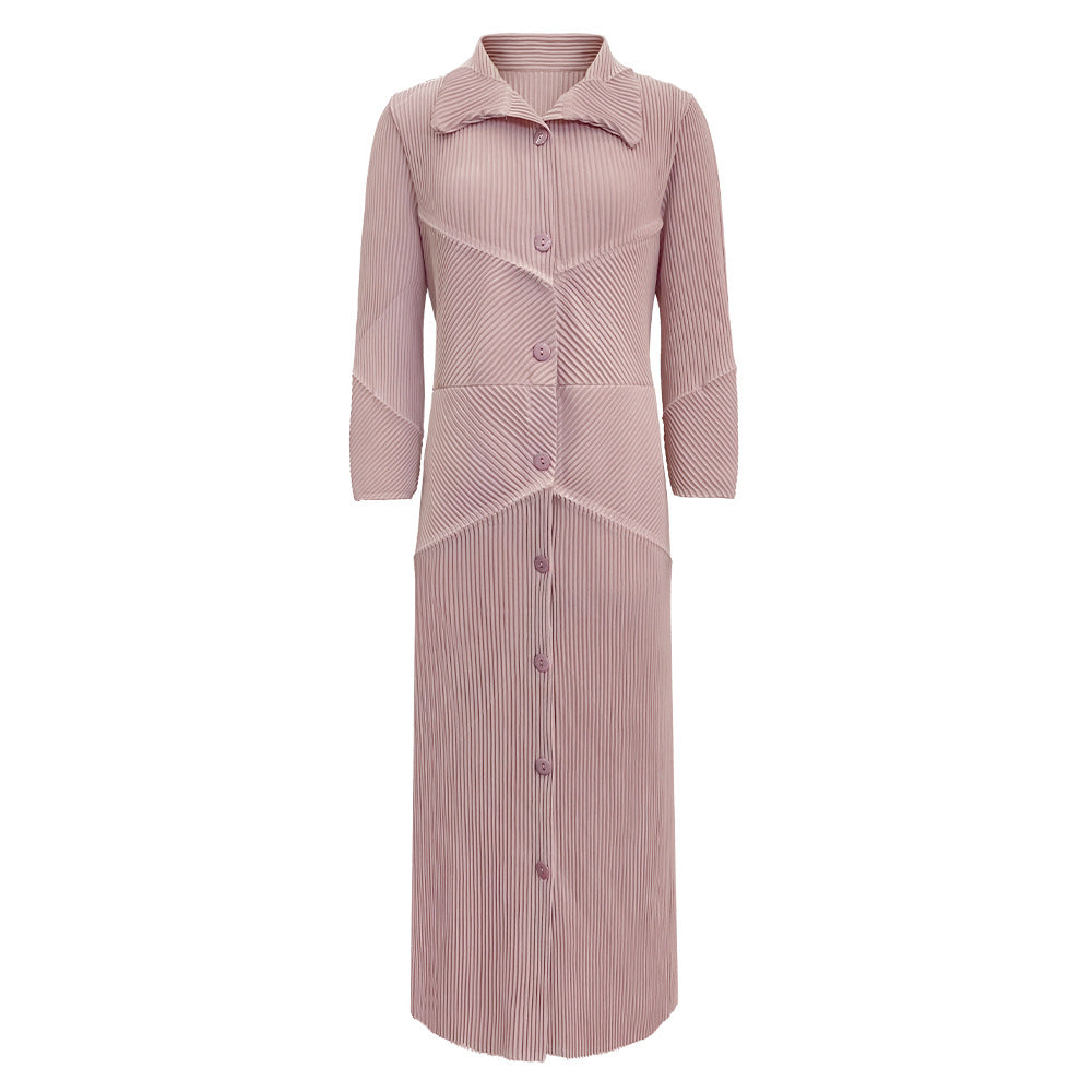 2025 spring new single-breasted long-sleeved lace-up dress medium and long Korean version simple loose pleated A-shaped skirt