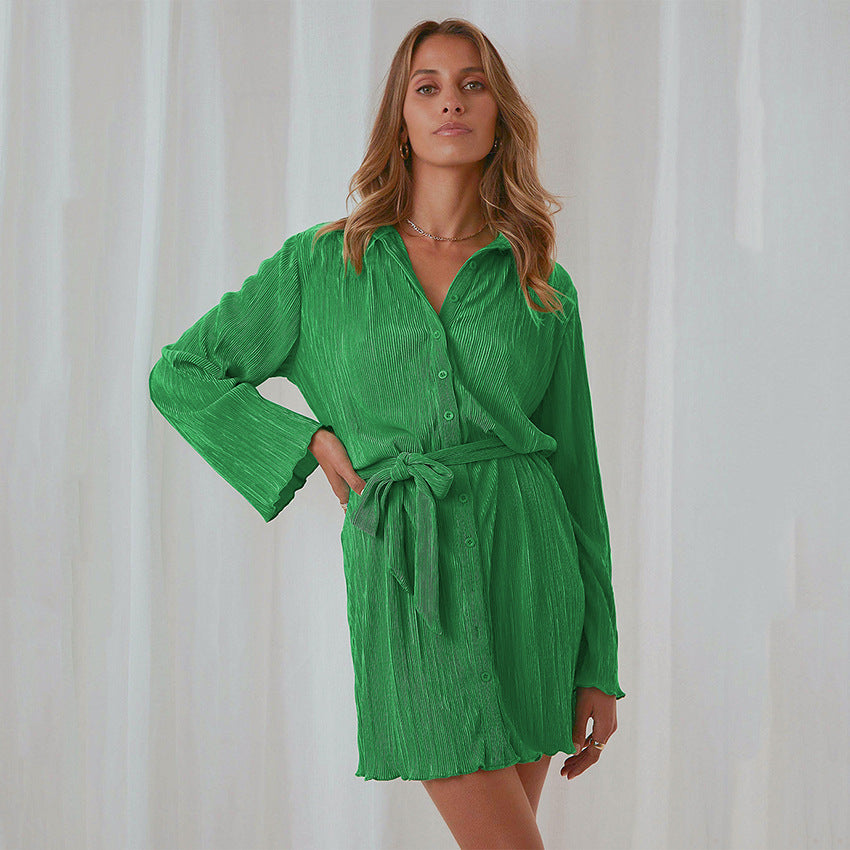 2025 Spring and Autumn new fashionable green toothpick pleated pleated design shirt skirt Popular trade women's clothing dresses